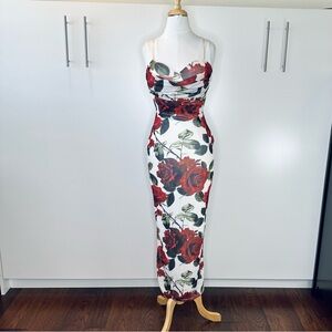 Madden Girl White Stretch Bodycon Maxi Dress with Red Rose Print